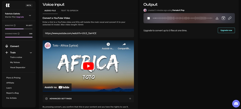 É possível usar sua própria voz no Kits AI para criar cover de músicas (Imagem: Captura de tela/Fabrício Calixto/Canaltech)