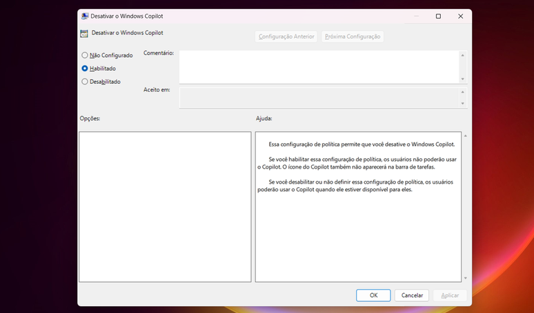 Desativar o Copilot no Windows 11 pode ser solução temporária para bug nos ícones, mas exige alteração avançada no sistema operacional (Imagem: Captura de tela/Canaltech)