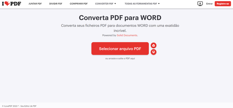 É possível converter PDF em Word na web, através do site iLovePDF (Imagem: Captura de tela/Fabrício Calixto/Canaltech)