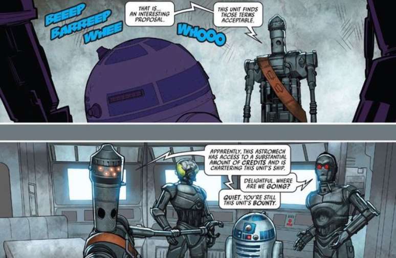 R2-D2 consegue contratar dróides mercenários com muita grana que guardava (Imagem: Reprodução/Marvel Comics)