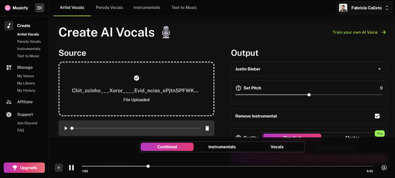 Você pode criar cover de músicas através do Musicfy AI, que conta com vozes como Justin Bieber e Grimes (Imagem: Captura de tela/Fabrício Calixto/Canaltech)