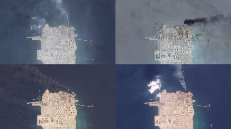Imagens de satélite do campo de gás offshore da companhia Adgas, nos Emirados Árabes Unidos, mostram a queima de gás em quatro dias diferentes nos meses de setembro e outro de 2022