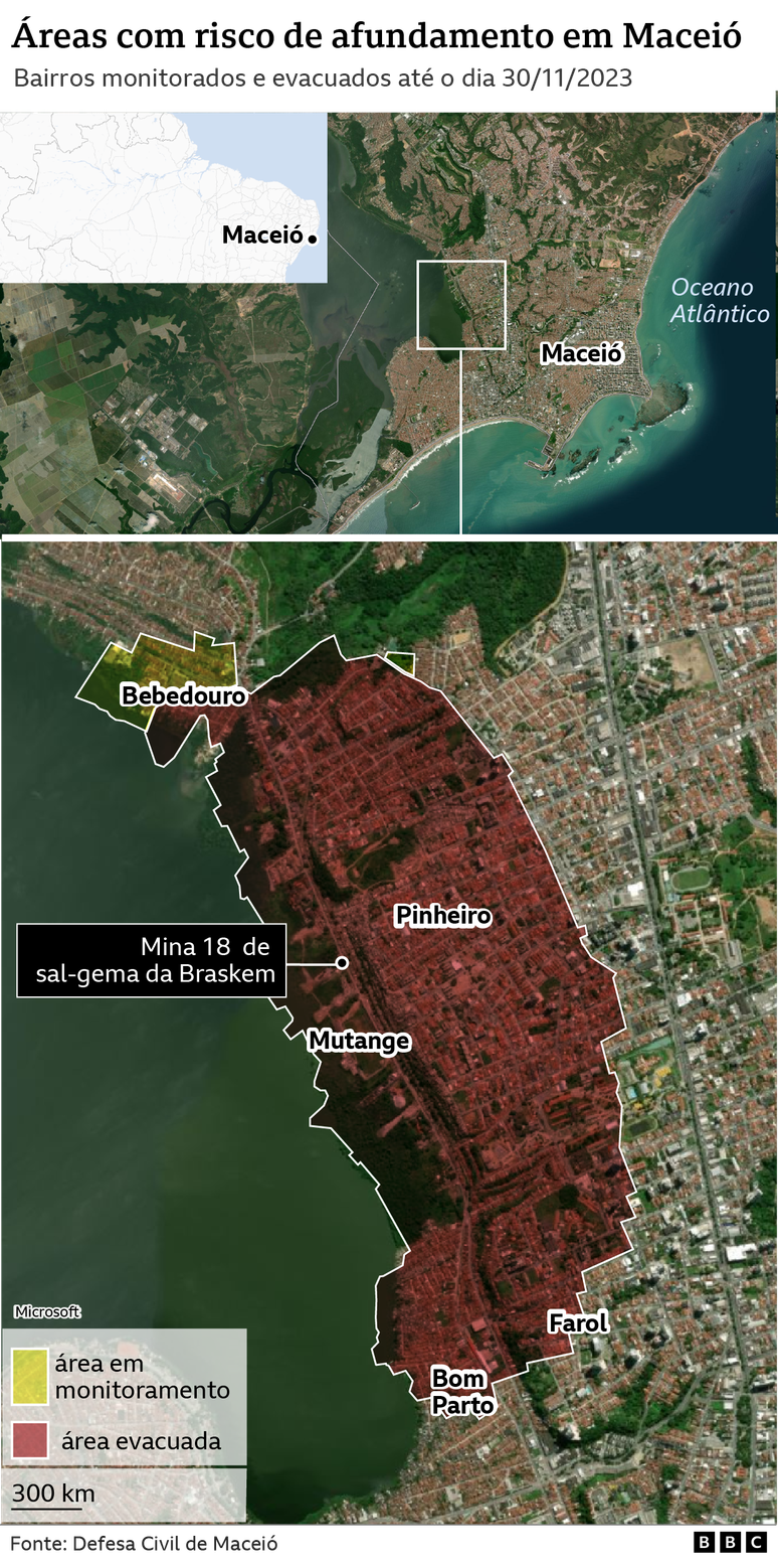 Mapa a partir de imagens de satélite mostra áreas em monitoramento e áreas evacuadas em Maceió  