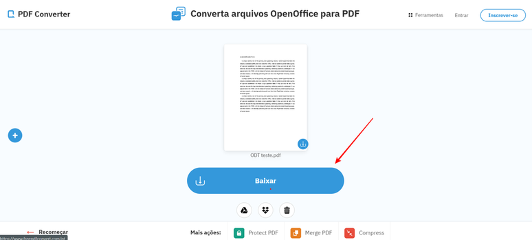 O PDF Converter é uma solução para navegadores que permite converter ODT para PDF (Imagem: Captura de tela/Fabrício Calixto/Canaltech)