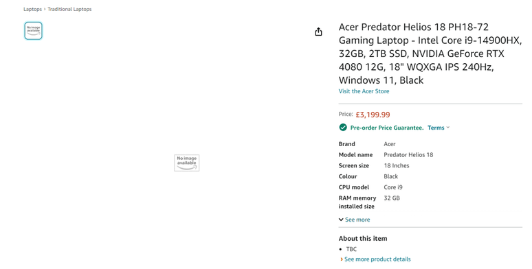 The Predator Helios advert is still available on Amazon, but the product images have been removed (Image: Reproduction/Amazon UK)