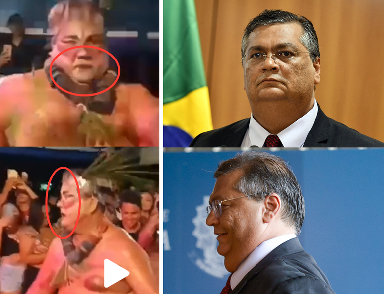 Frames do vídeo são colocados lado a lado de fotos do ministro Flávio Dino; círculos em vermelho apontam para detalhes que diferenciam os dois homens