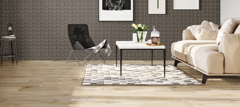 15. Revestimento para sala: Arcos Chumbo tem padronagem contemporânea que une textura e aconchego para ambientes modernos e elegantes – Foto: Ceusa