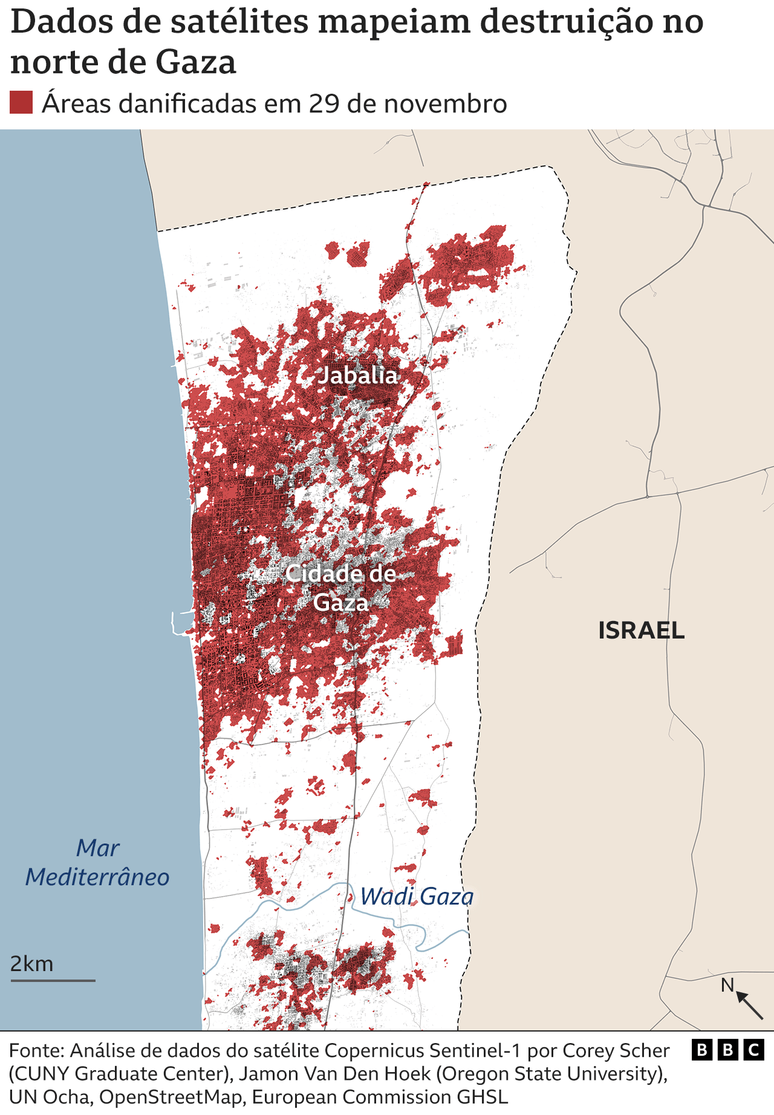 Mapa mostra danos no norte de Gaza até 29 de novembro usando análise de satélite