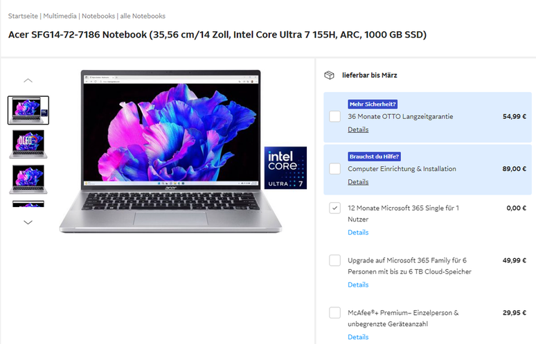 The leak of the new Acer Swift happened at the German Otto store (Image: Reproduction/Otto)