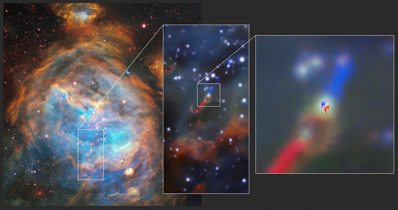 Detalhe da nuvem onde a estrela HH 1177 foi observada, cercada pelo disco de poeira (Imagem: Reprodução/ESO/ALMA (ESO/NAOJ/NRAO)/A. McLeod et al.)