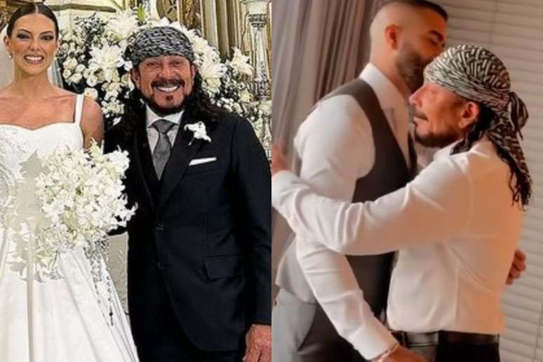 Bell Marques não tira bandana nem no casamento do filho