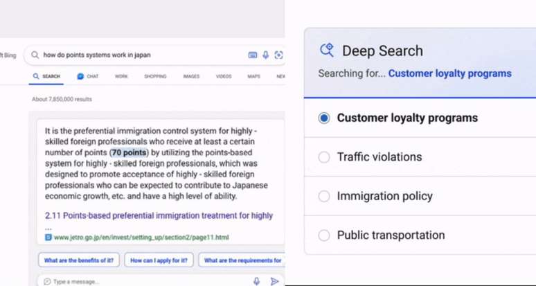 Exemplo revela que o Deep Search exibe um painel para refinar pesquisas (Imagem: Divulgação/Microsoft)