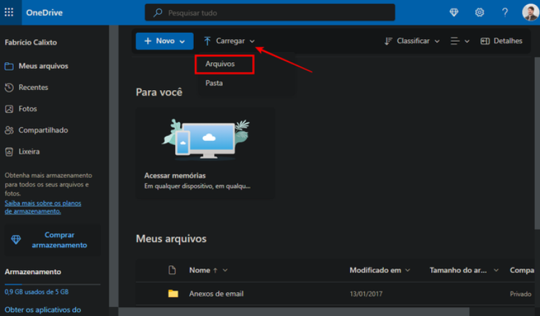 Você pode carregar arquivos na tela inicial do OneDrive (Imagem: Captura de tela/Fabrício Calixto/Canaltech)