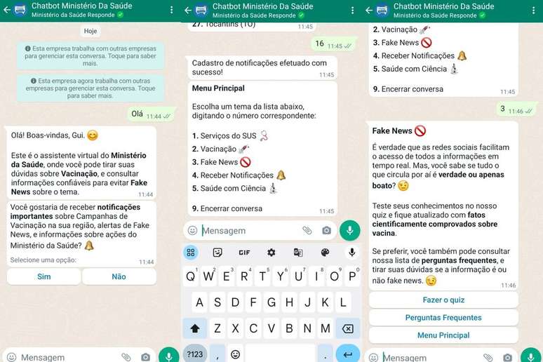 Opções de interação com o chatbot do Ministério da Saúde pelo WhatsApp (Imagem: Captura de tela/Guilherme Haas/Canaltech)