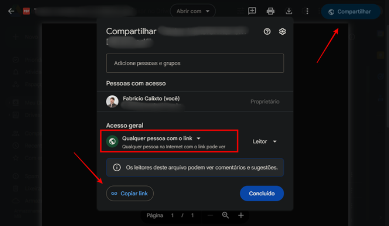 É necessário alterar a opção “Restrito” para “Qualquer pessoa com o link” antes de transformar um PDF em URL (Imagem: Captura de tela/Fabrício Calixto/Canaltech)