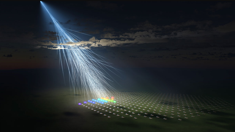 Representação do raio cósmico extremamente energético detectado pelo experimento Telescope Array (Imagem: Reprodução/OSAKA METROPOLITAN UNIVERSITY/KYOTO UNI)