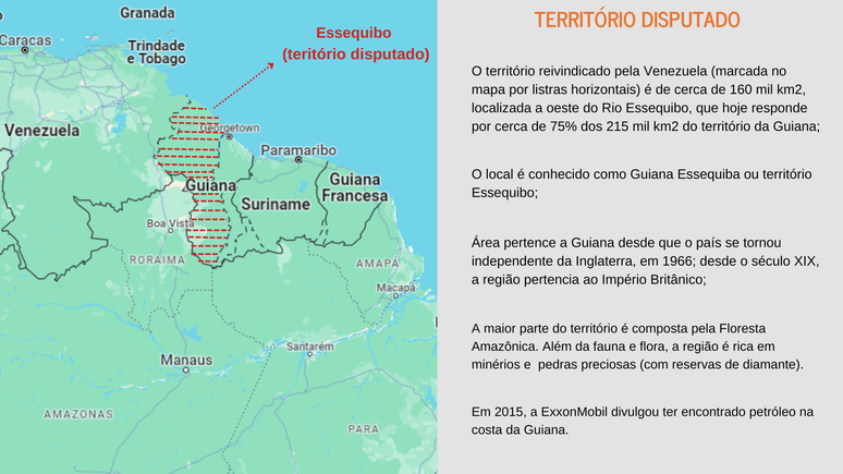 Área marcada com listras horizontais no mapa é disputada pela Venezuela e Guiana