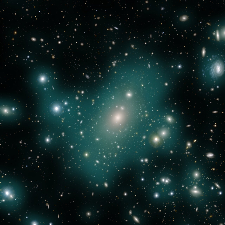 Foto do aglomerado de galáxias Abell 85; as regiões que parecem névoas indicam o brilho entre aglomerados, formado pelas várias estrelas que saíram das suas galáxias (Imagem: Reprodução/Astronomical Data/Image: M. Montes (Instituto de Astrofísica de Canarias); Artistic Enhancement: J. Pinto (Rubin Observatory)