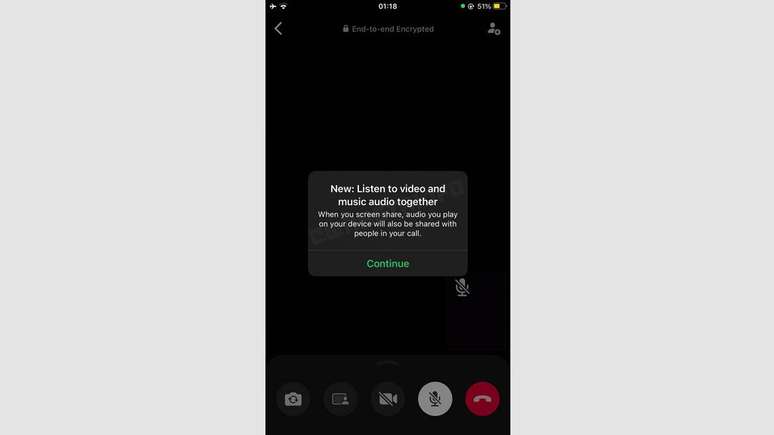Recurso de compartilhar áudio e vídeo da tela do iPhone apareceu em versão Beta do WhatsApp, incrementando as chamadas de vídeo do app (Imagem: Reprodução/WABetaInfo)