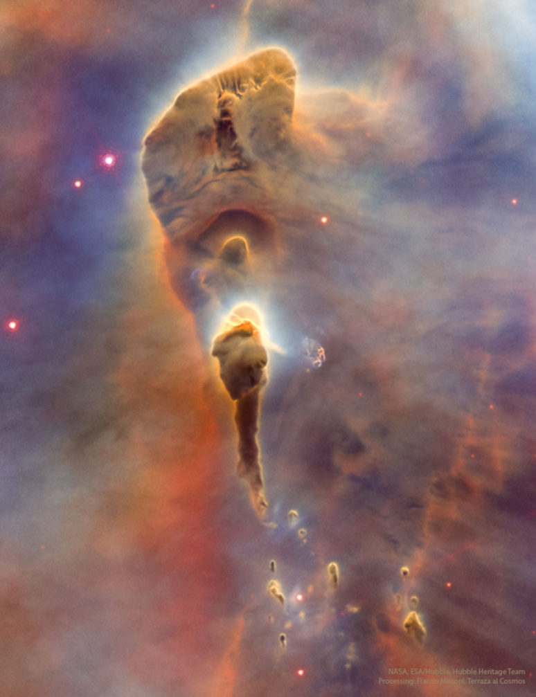 Pilares de poeira na Nebulosa Carina (Imagem: Reprodução/NASA, ESA, Hubble Heritage (STScI/AURA); Processing: Franco Meconi (Terraza al Cosmos)