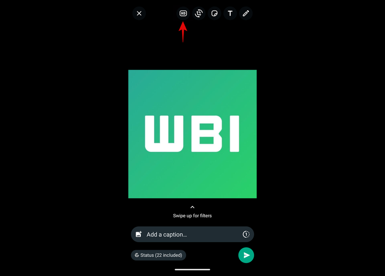 Botão HD no menu superior permitirá carregar fotos e vídeos em alta qualidade nos status do WhatsApp (Imagem: Reprodução/WABetaInfo)