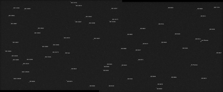 Região na constelação Peixes; a estrela mais brilhante da foto é mu Pisces, que aparece no canto inferior direito como mu Piscium (Imagem: Reprodução/NASA/JPL-Caltech/ASU)
