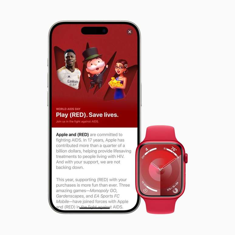 O Apple Watch Series 9 PRODUCT(RED) é o dispositivo de destaque da Maçã para este Dia Mundial do Combate à AIDS (Imagem: Divulgação/Apple)