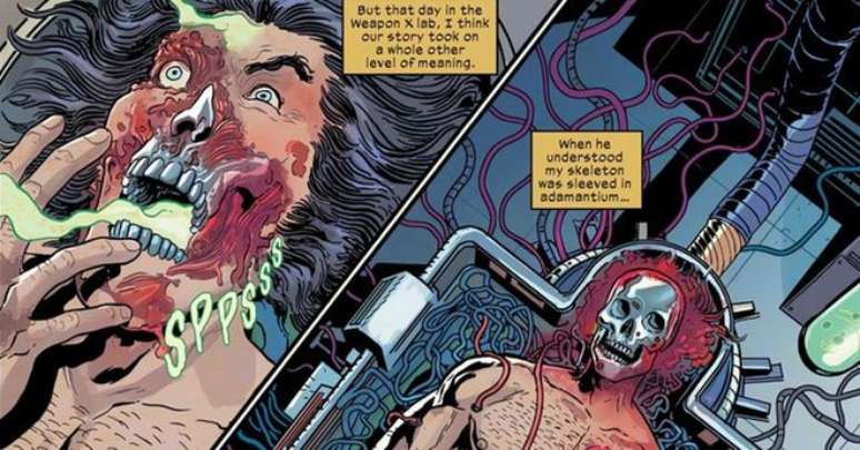 A arma derrete a carne do corpo de Wolverine (Imagem: Reprodução/Marvel Comics e 20th Century Studios)
