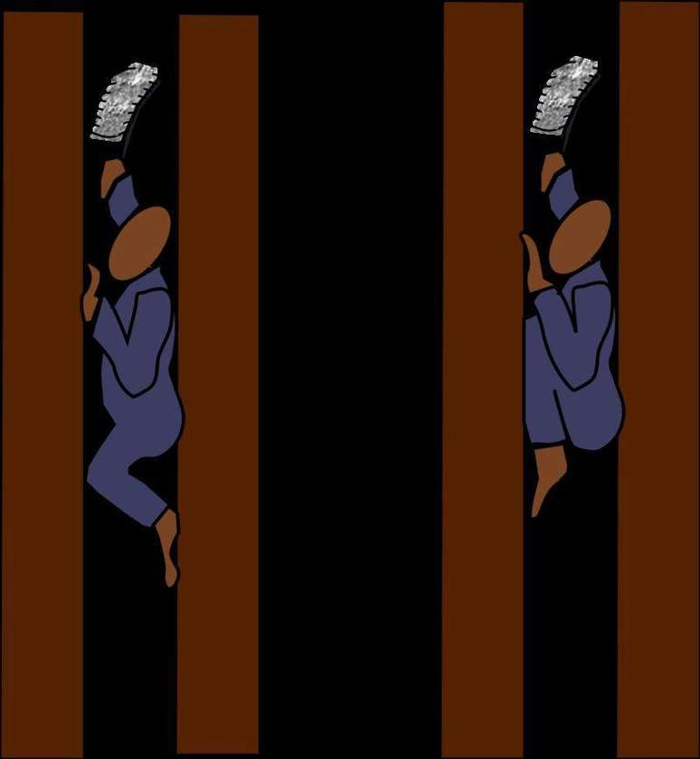 A crian&ccedil;a da esquerda est&aacute; na posi&ccedil;&atilde;o correta para subir, com a m&atilde;o direita levantada, a esquerda &agrave; frente, movimentando-se com os joelhos e os p&eacute;s para tr&aacute;s;A da direita est&aacute; presa, com os joelhos dobrados at&eacute; o queixo, e precisar&aacute; ser arrancada, ou a chamin&eacute; ter&aacute; que ser quebrada para recuperar o corpo