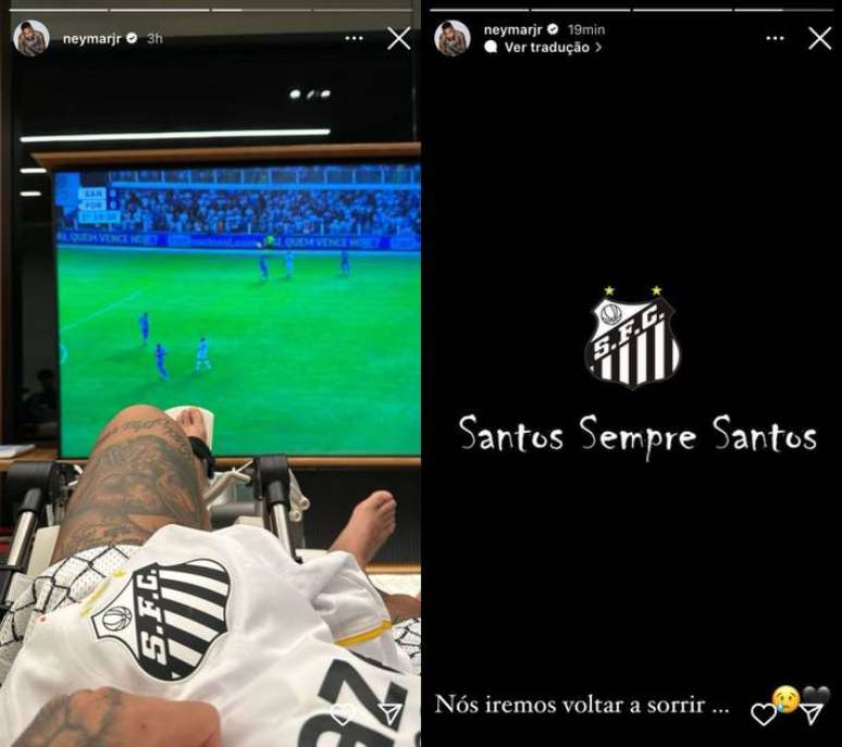 Neymar assiste ao jogo do Santos e lamenta rebaixamento à Série B pela primeira vez.