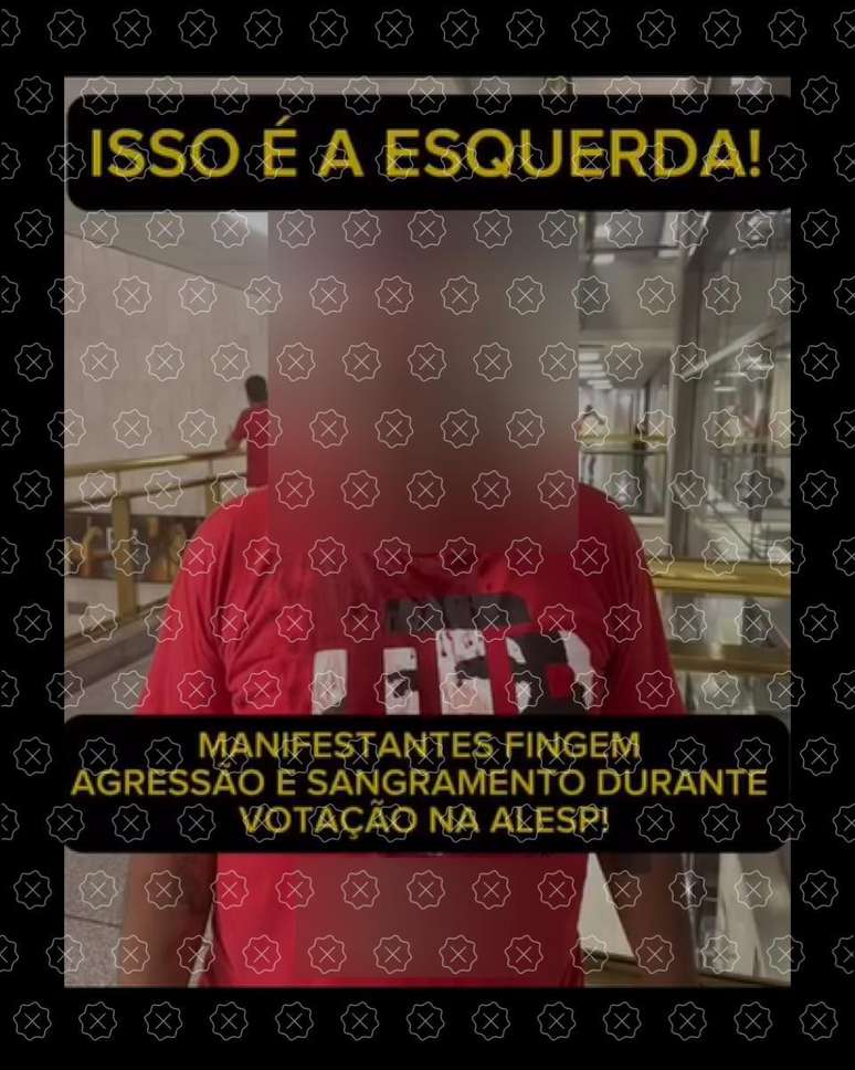 Vídeo alterna cenas de manifestação ocorrida na Alesp com foto de militante ferido e imagens de batom líquido vermelho para alegar que militantes teriam forjado agressões policiais