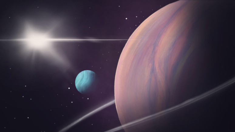 Representação do exoplaneta Kepler 1708b e sua possível exolua (Imagem: Reprodução/NASA, ESA, L. Hustak)