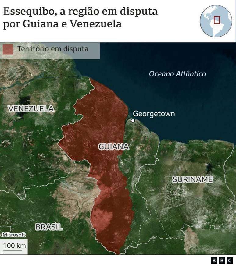 Mapa mostra Essequibo entre Brasil, Guiana, Venezuela e Suriname
