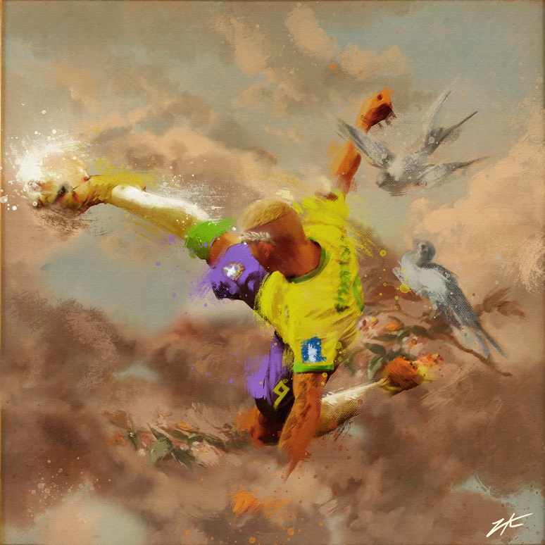 Arte com gol do jogador Richarlison, o Pombo, na Copa do Mundo de 2022 