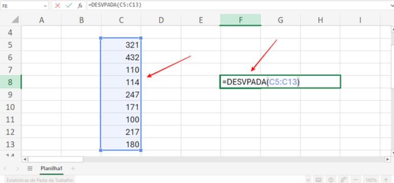 O Excel sugere a opção DESVPADA, que serve para calcular desvio (Imagem: Captura de tela/Fabrício Calixto/Canaltech)