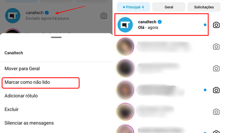 Você pode marcar mensagens como não lida no app do Instagram para Android (Imagem: Captura de tela/Fabrício Calixto/Canaltech)