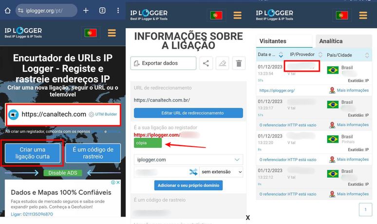 O iplogger permite descobrir o IP de alguém pelo WhatsApp se ela clicar no link (Imagem: Captura de tela/Fabrício Calixto/Canaltech)