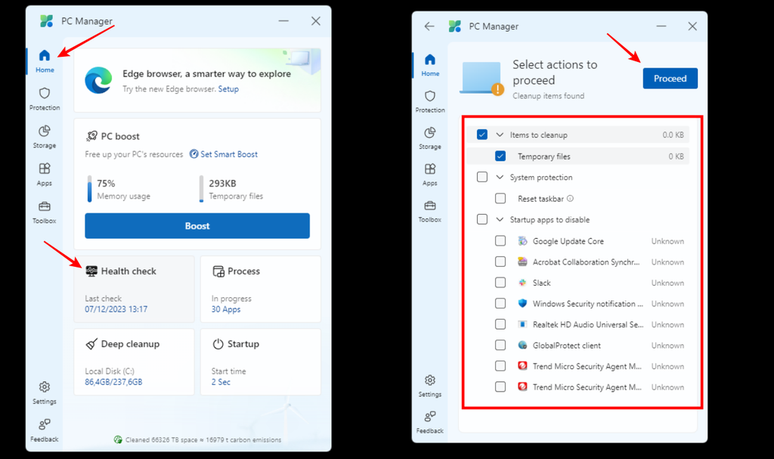 O Microsoft PC Manager conta com a função Health Check, capaz de elminar bugs e ameaças do Windows (Imagem: Captura de tela/Fabrício Calixto/Canaltech)