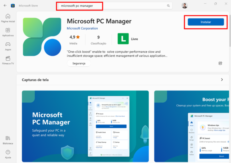 Você pode fazer download do PC Manager na Microsoft Store (Imagem: Captura de tela/Fabrício Calixto/Canaltech)