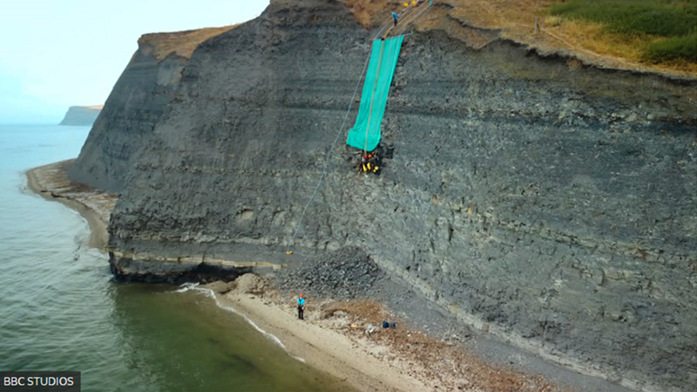 Foram usadas cordas para retirar fóssil da praia de Dorset