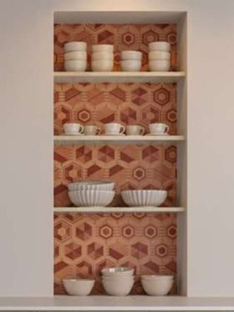 HEX MIX RD NAT Piece of kaleidoscope applied to the kitchen wall. HEX MIX RD NAT Piece of kaleidoscope applied to the kitchen wall.