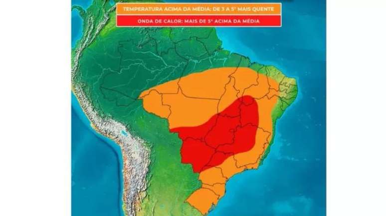 Na área em vermelho a onda de calor aponta mais de 5°C acima da média; a área em laranja indica dias de 3 a 5°C mais quentes