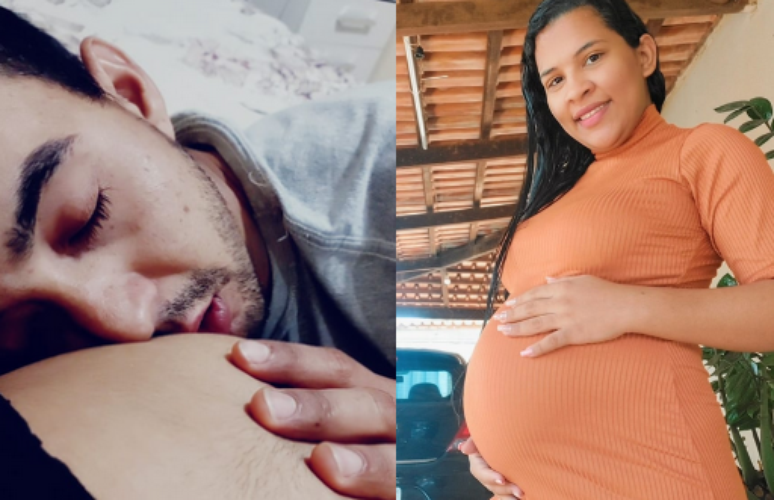 The father, Rafael, kisses the belly of his mother, Ana Beatriz, who appears next to him
