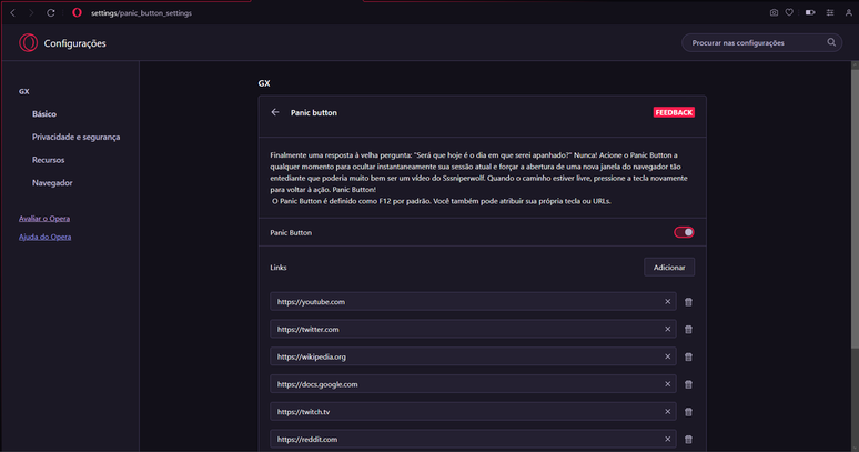 Você pode configurar quais links serão abertos no Panic Button (Imagem: Captura de tela/André Magalhães/Canaltech)