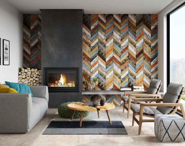 14. Decoração rústica: Chevron Colorido, aplicado na parede desta sala, tem cores, desenhos e geometrias encantadoras – Foto: Ceusa