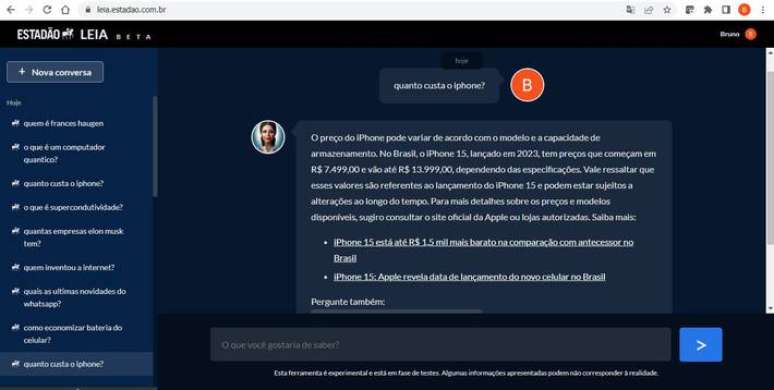 A Leia consegue dar respostas atualizadas, como pre&ccedil;o do iPhone mais recente