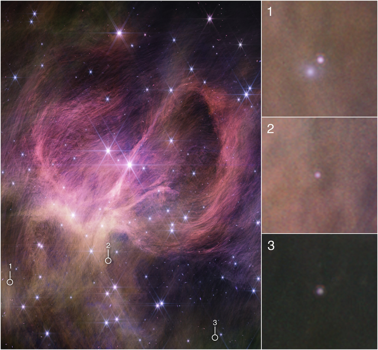 Detalhes do aglomerado estelar IC 348 e das anãs marrons descobertas ali (Imagem: Reprodução/NASA, ESA, CSA, STScI, and K. Luhman (Penn State University) and C. Alves de Oliveira (European Space Agency)