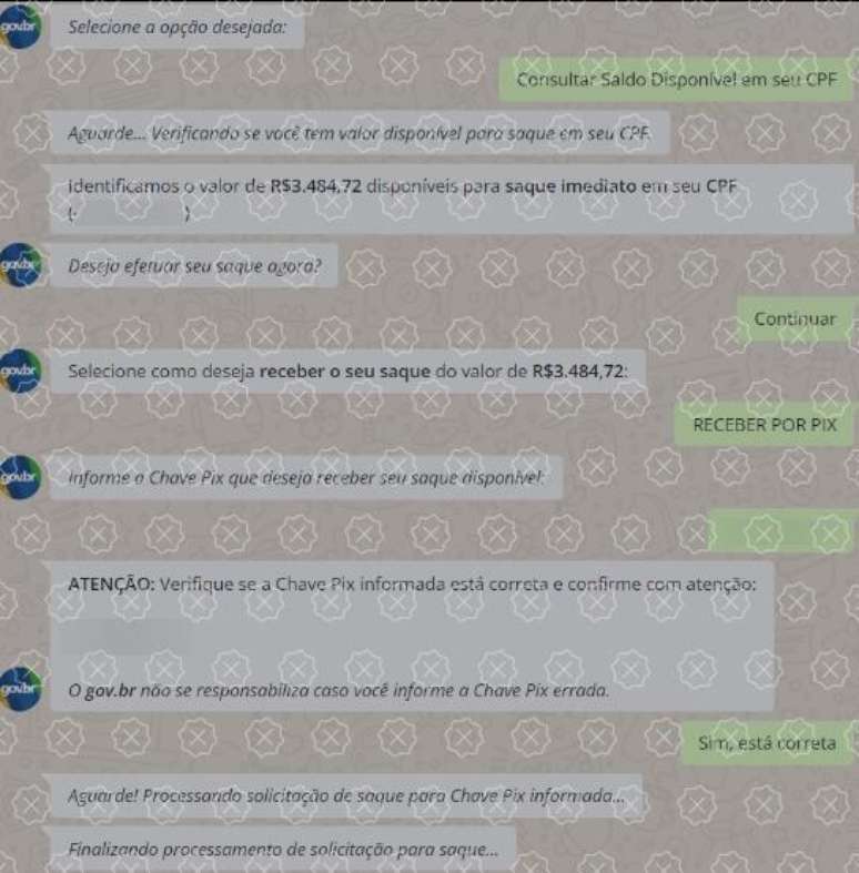Captura de tela mostra chatbot que engana ao fazer crer que usuários têm R$ 3.484,72 a receber no âmbito do programa federal Resgate da Prosperidade; iniciativa não existe.