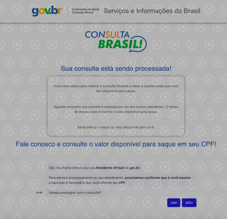 Print de site enganoso que pede dados pessoais para consulta de supostos valores para saque