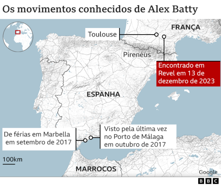 Mapa mostra os movimentos conhecidos de Alex Batty desde o seu desaparecimento